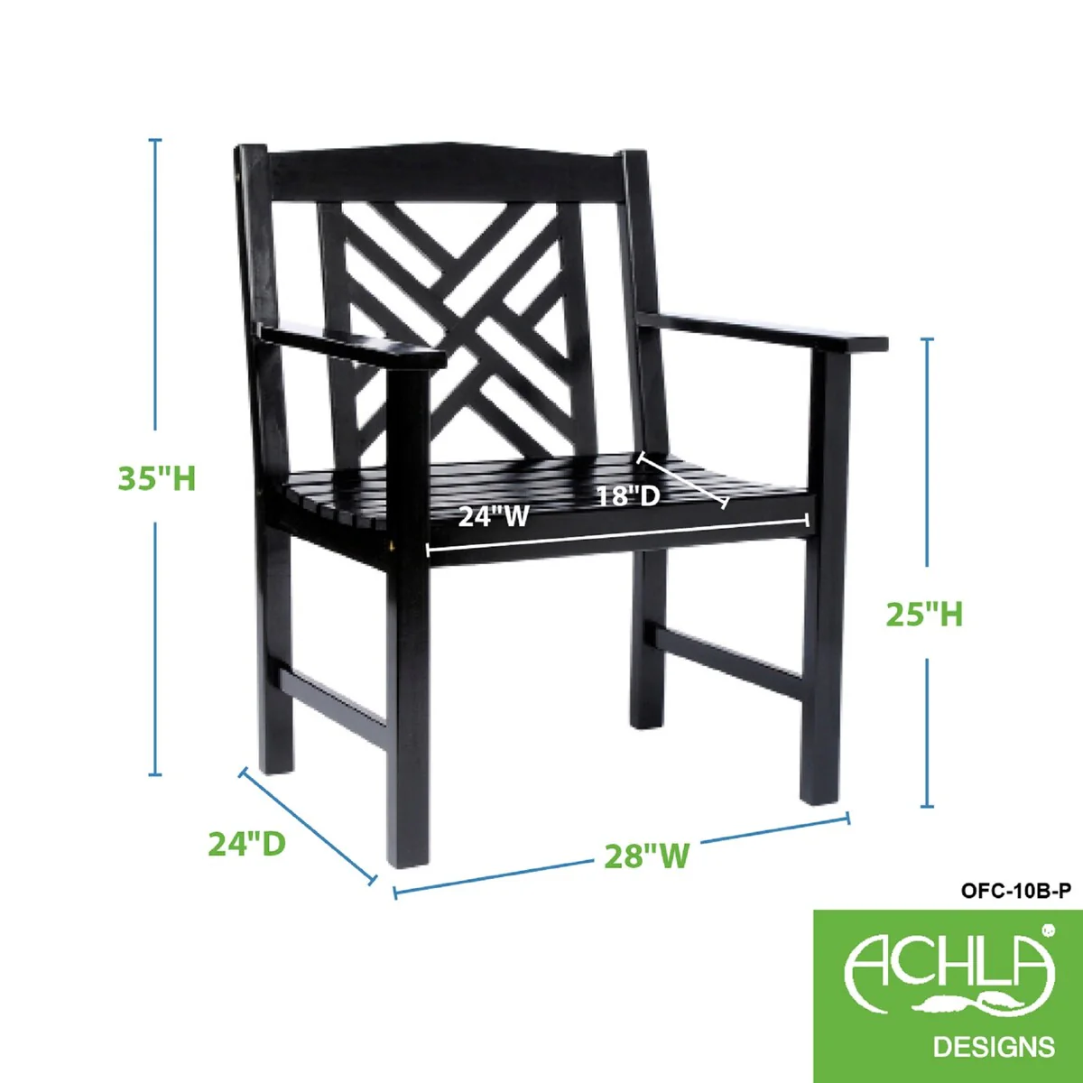 Achla Designs 35H Black Wooden Indoor/Outdoor Elegant Fretwork Armchair, Home Patio Deck Seating