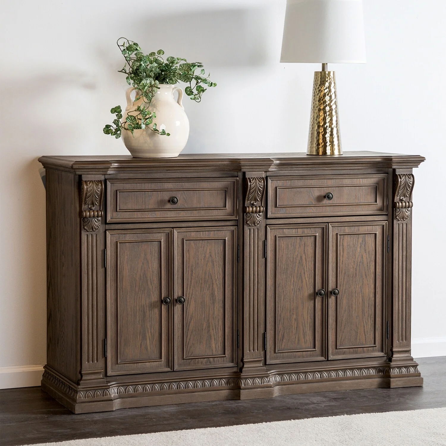 4 Doors and 2 Drawers Wooden Server with Fluted Posts in Weathered Oak