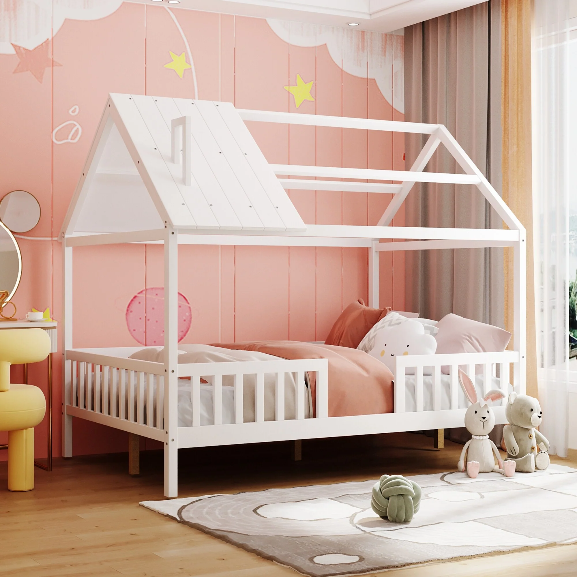 Full House Bed for Kids with Fence & Playhouse Design, Sturdy Pine Frame, No Box Spring Needed