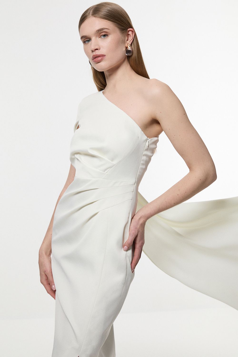 KarenMillen Petite Satin Drape One Shoulder Tailored Maxi Dress