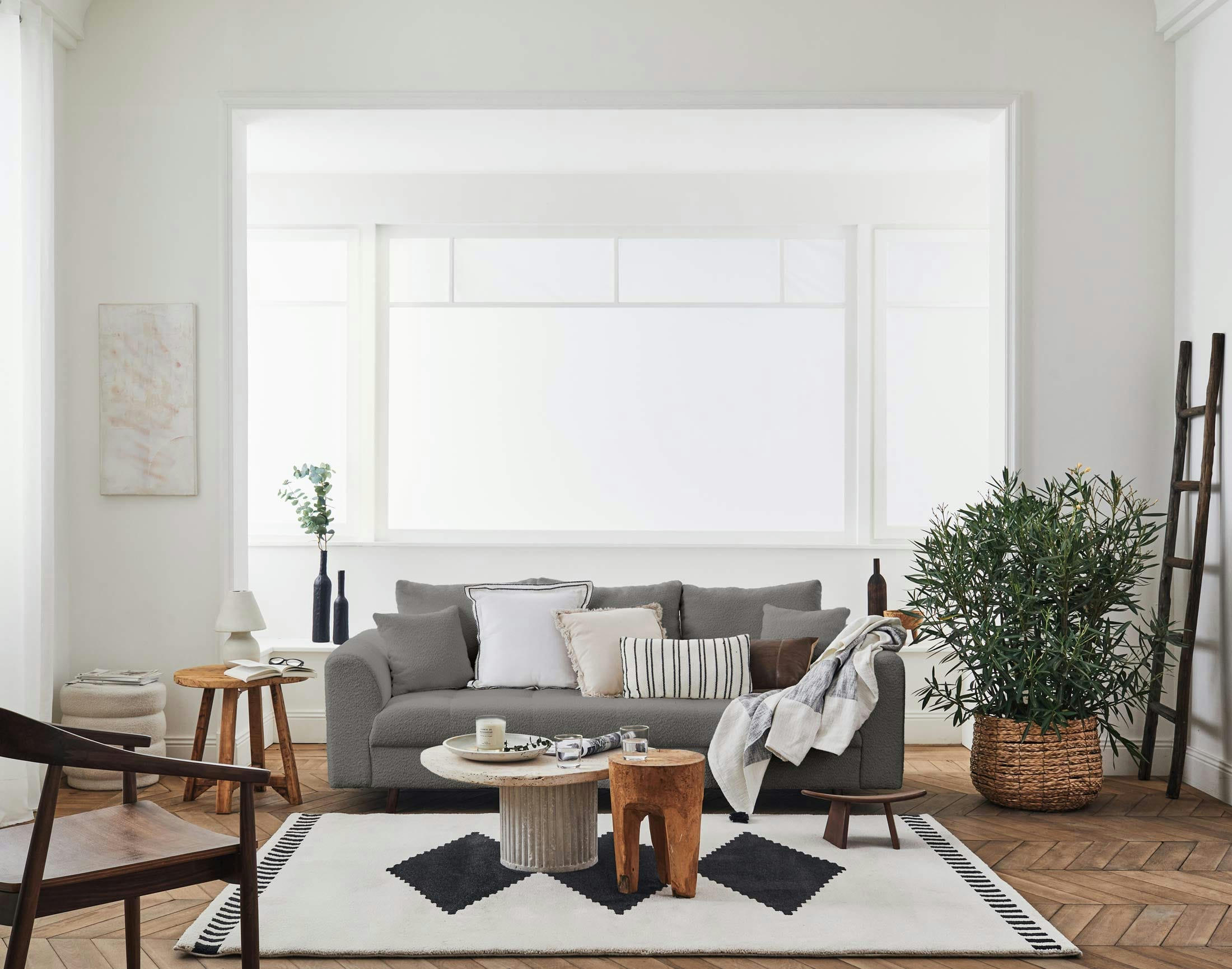 RUNE - Canapé droit 3 places en tissu bouclette gris