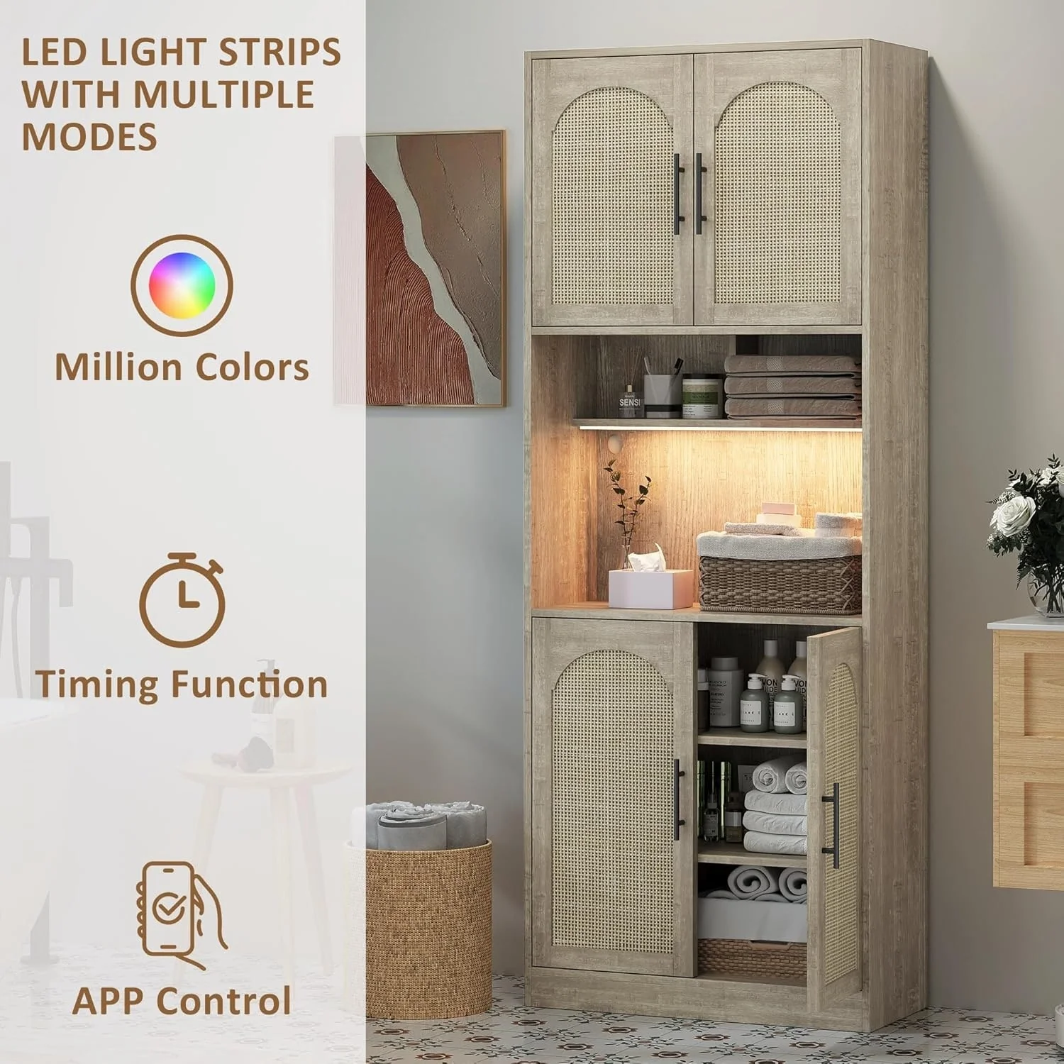 Tall Kitchen Pantry Storage Cabinet with Microwave Shelf and LED Light