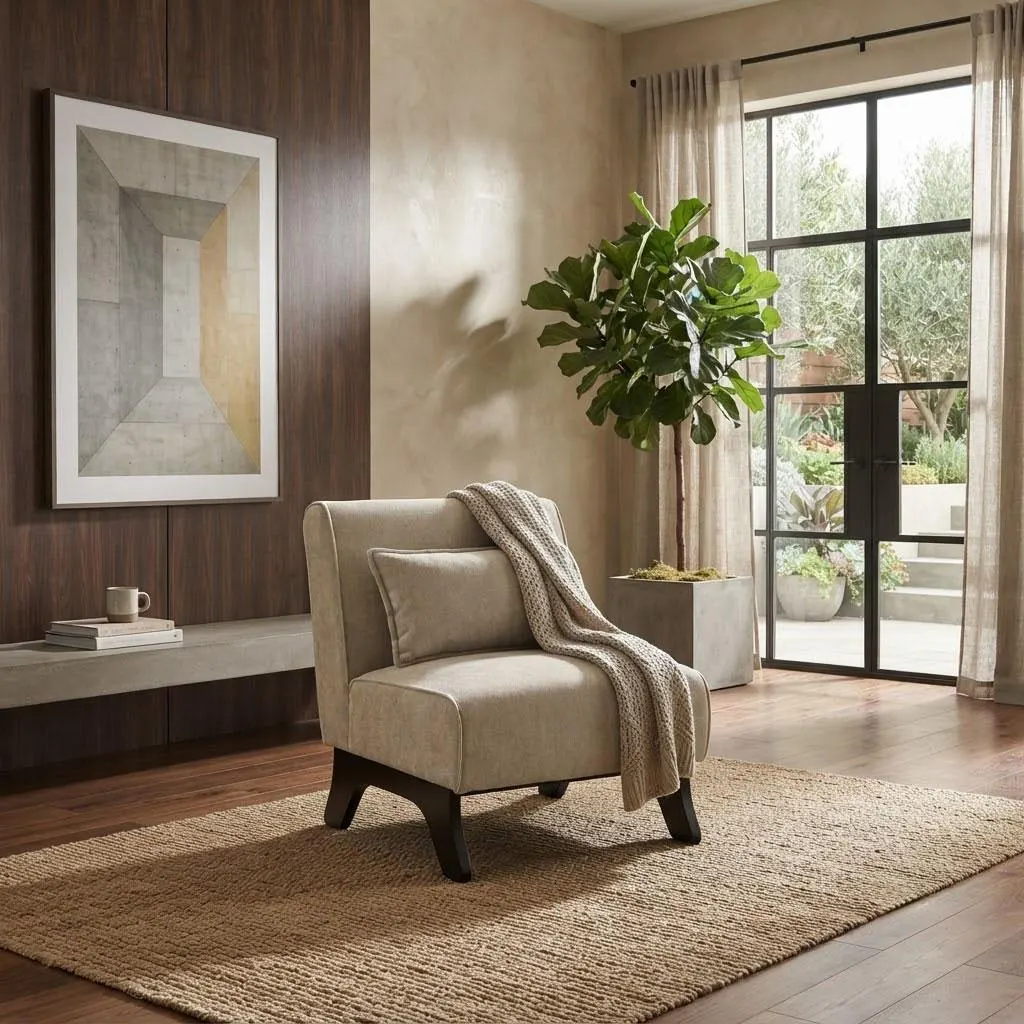 Modern Armless Accent Chair with Pillow, Farmhouse Brown Upholstered Lounge Chair, Comfy Bedroom Reading Nook Chair with Solid Wood Legs