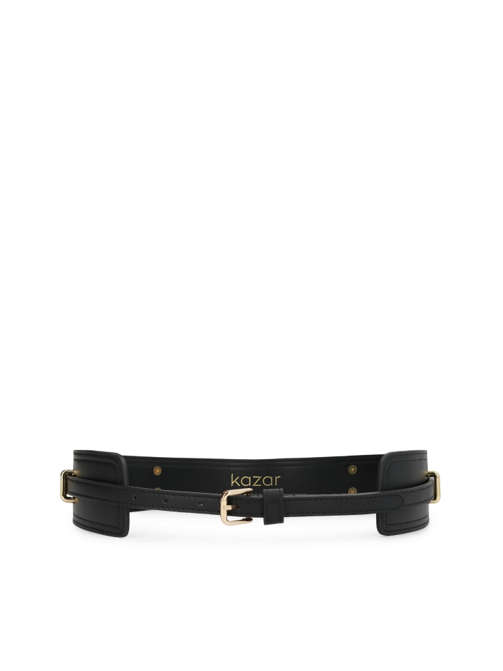 Black leather two-piece belt with gold buckle