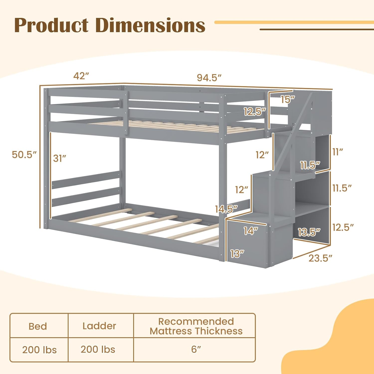 KOMFOTT Wood Twin Over Twin Low Bunk Bed with Storage Staircase, Wooden Bunk Bed Frame with Full-Length Guardrails, Low Profile Kids Bed with Slats Support, No Box Spring Needed (Grey)