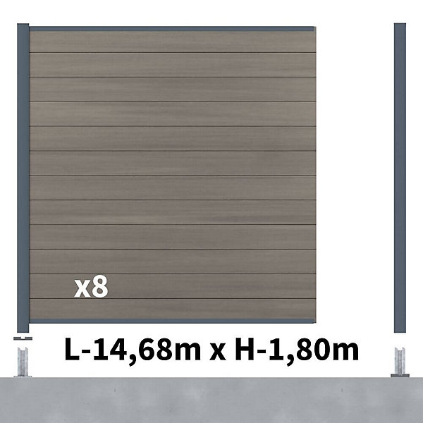 Kit clôture composite poteau sur platines - CRUZ Argent H-1,8m