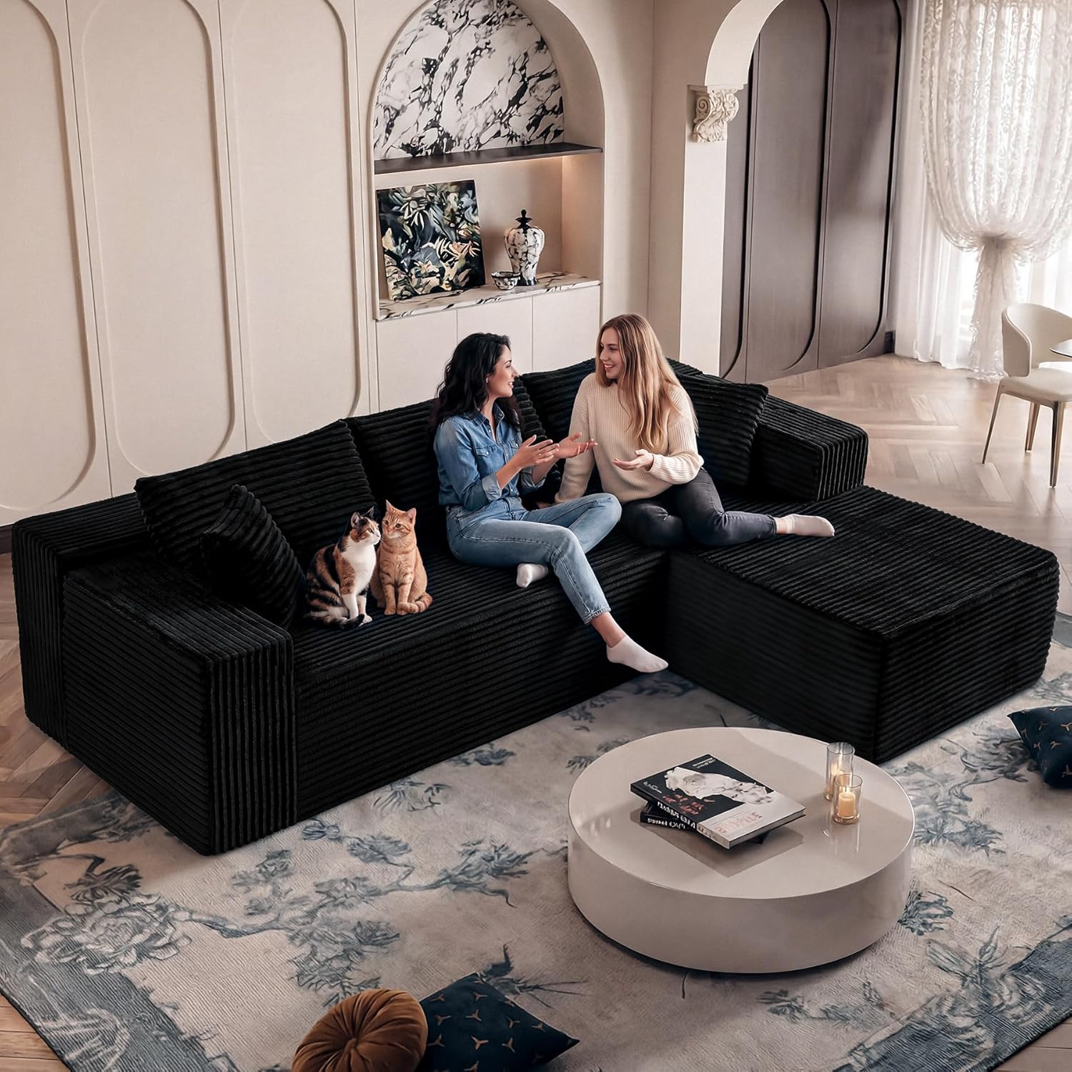 Black Sectional Couch for Living Room - 108 Modular Cloud Sofa with Chaise, Ultra Soft Corduroy L-Shaped Large Couches, Boneless Deep Seat Sectional Couch, No Assembly Required (Left Facing Chaise)