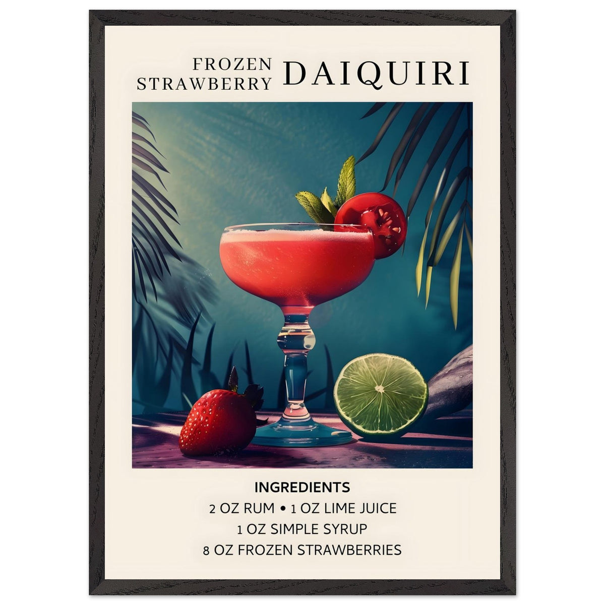Artfulprints Poster met Lijst Frozen Strawberry Daiquiri cocktail - Ingrediënten  - 50x70 cm - Meerkleurig