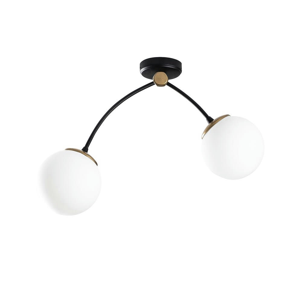 MOSOMA - Plafonnier noir 2 lumières avec abat-jour en verre opale blanc