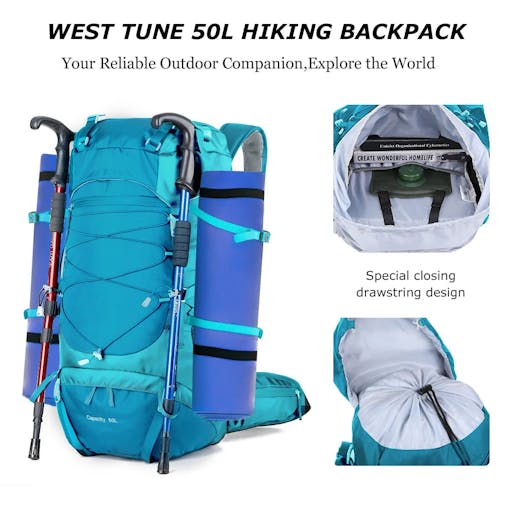 NNEOBA 50L Hiking Backpack with Rain Cover Waterproof Rucksack Blue