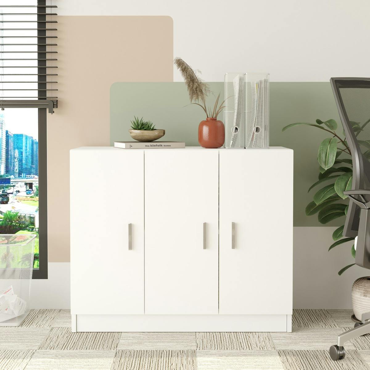 Meuble de rangement bureau blanc 3 portes avec étagères MARFA