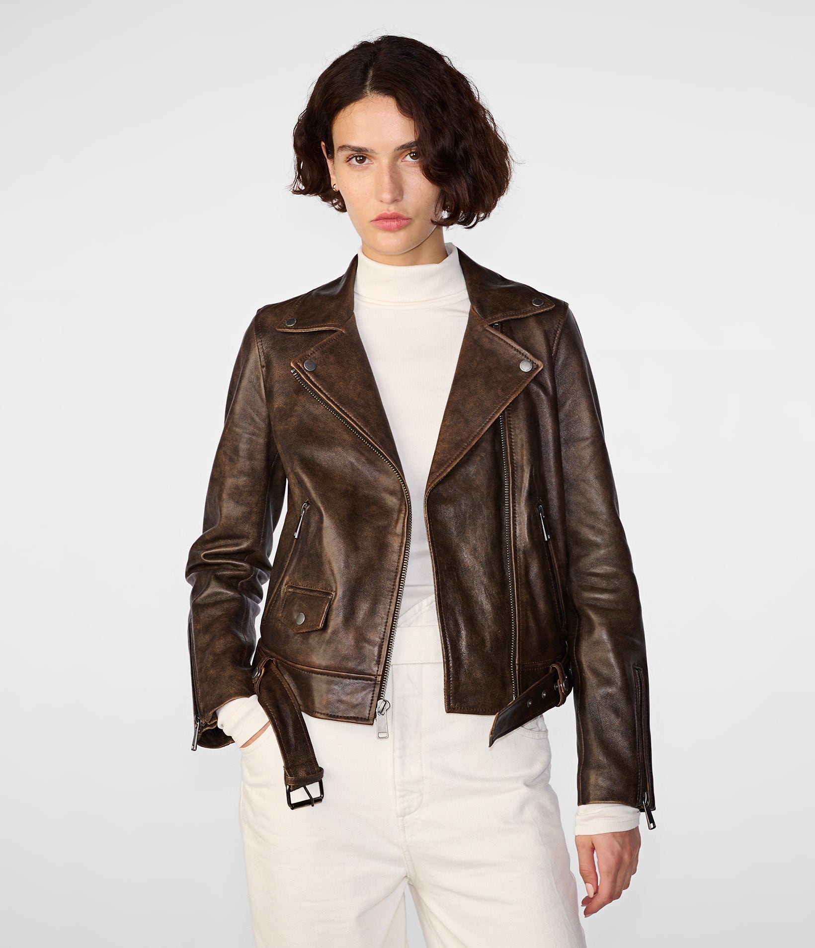 Bryn Distressed Brown Moto Jacket