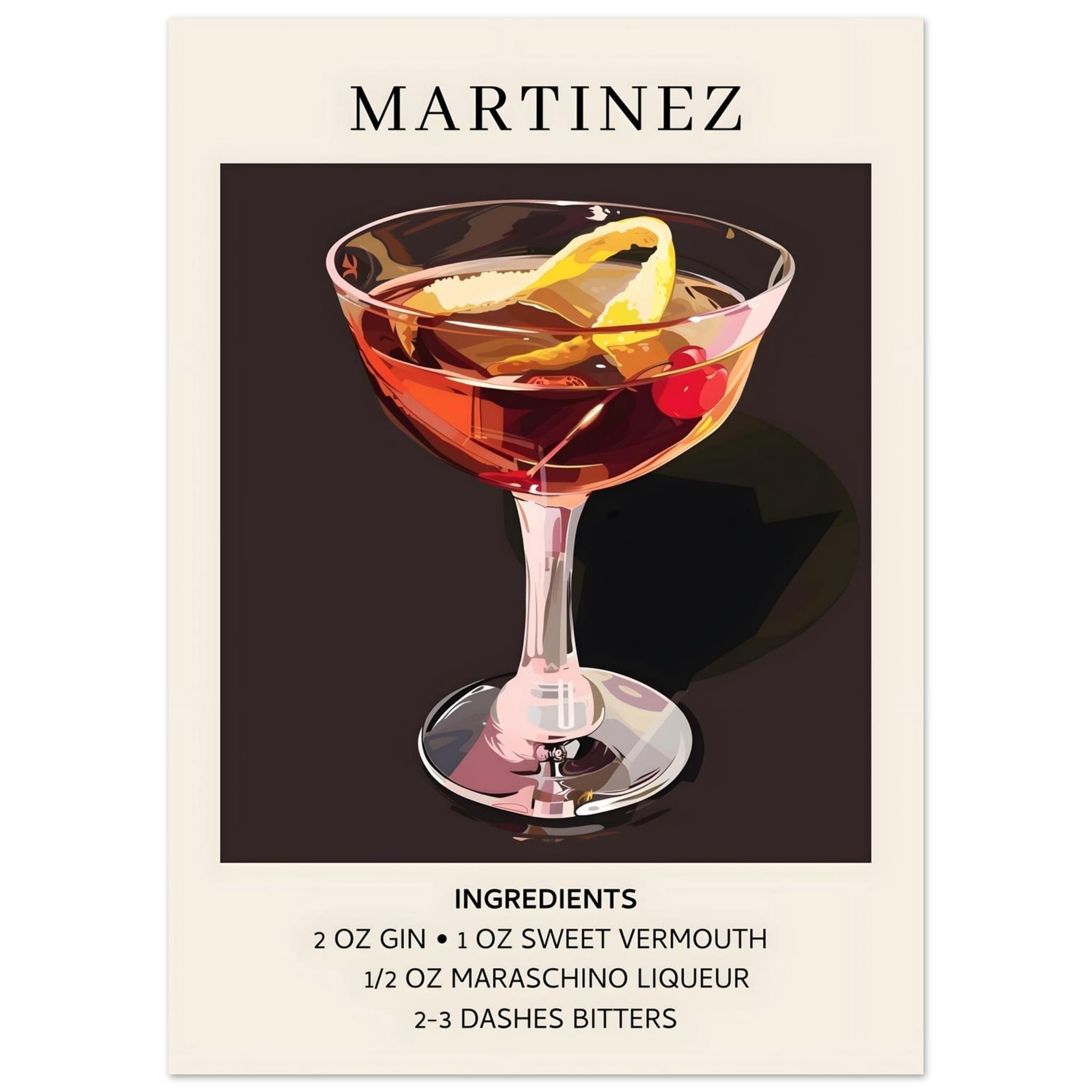 Artfulprints Poster Martinez cocktail - Ingrediënten  - 50x70 cm - Zwart