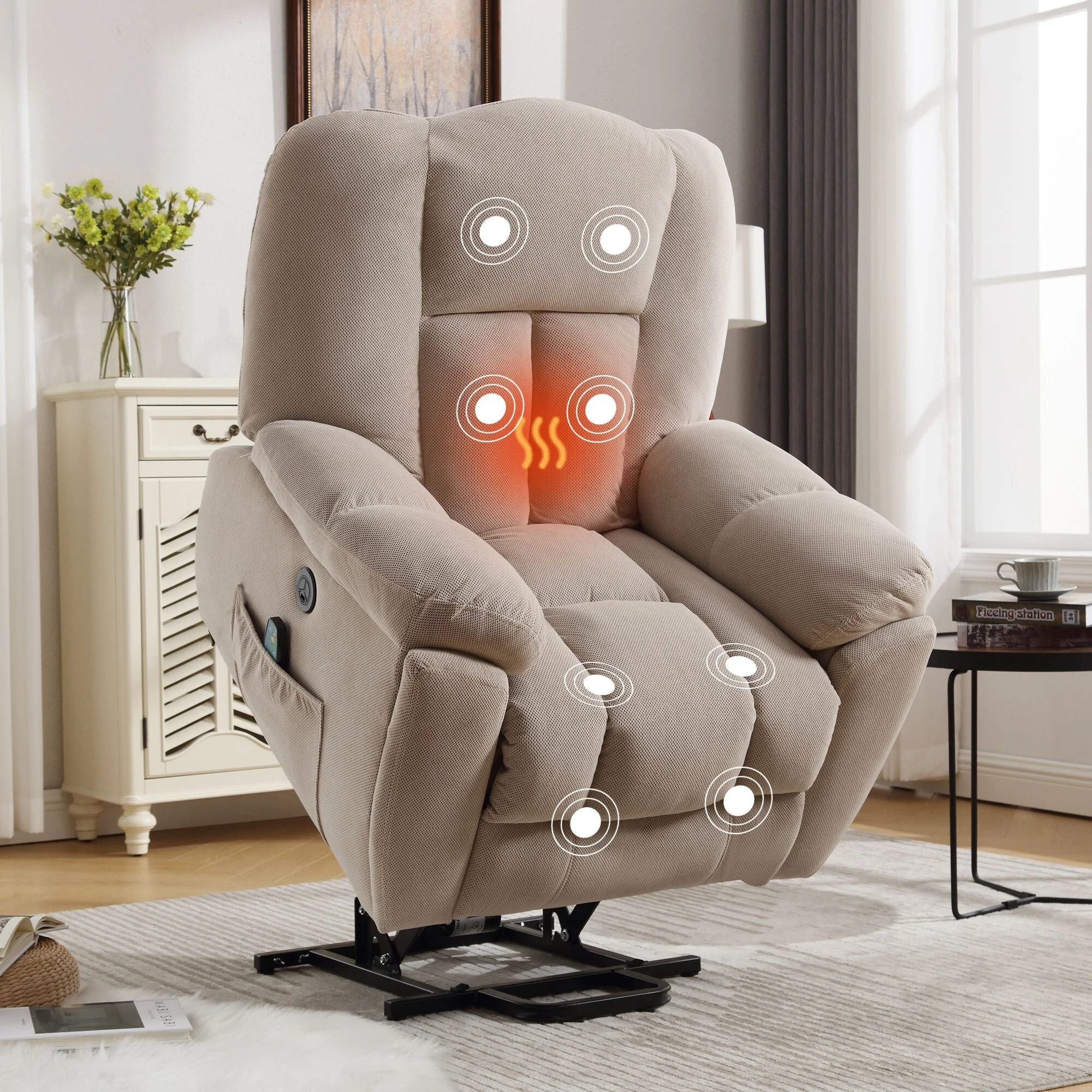 Grey Electric Power Lift Recliner with Heating, Massage, Infinite Positions, USB Charging, and Convenient Side Pockets