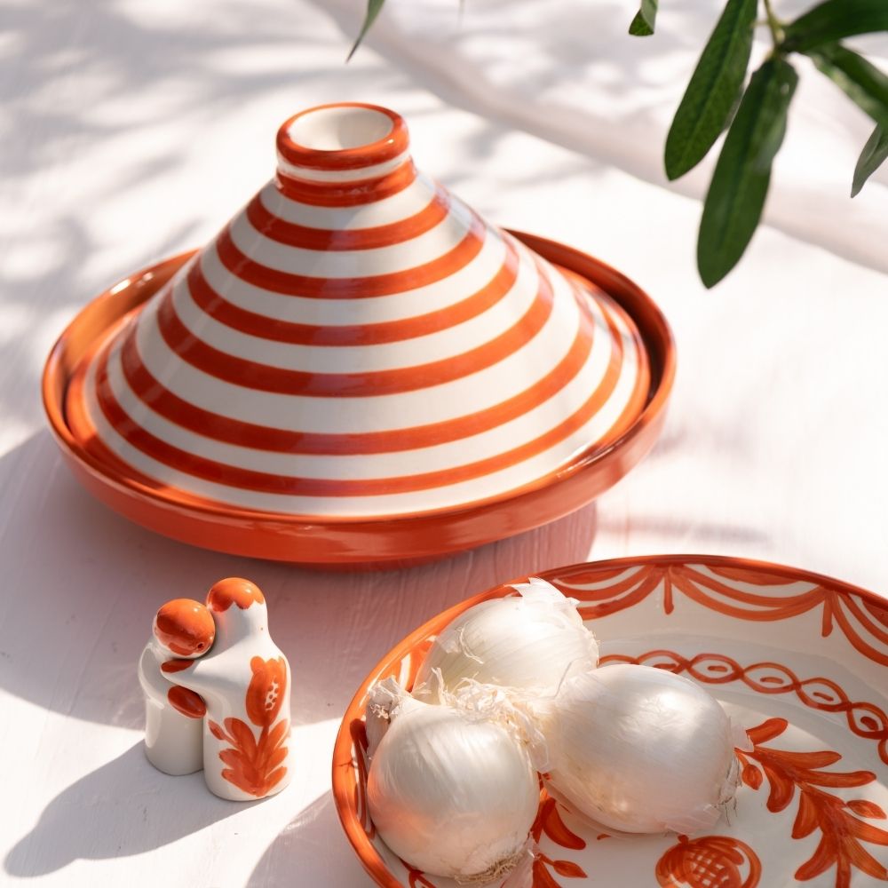 J-Line tajine Granada Stripes - keramiek - wit/blauw