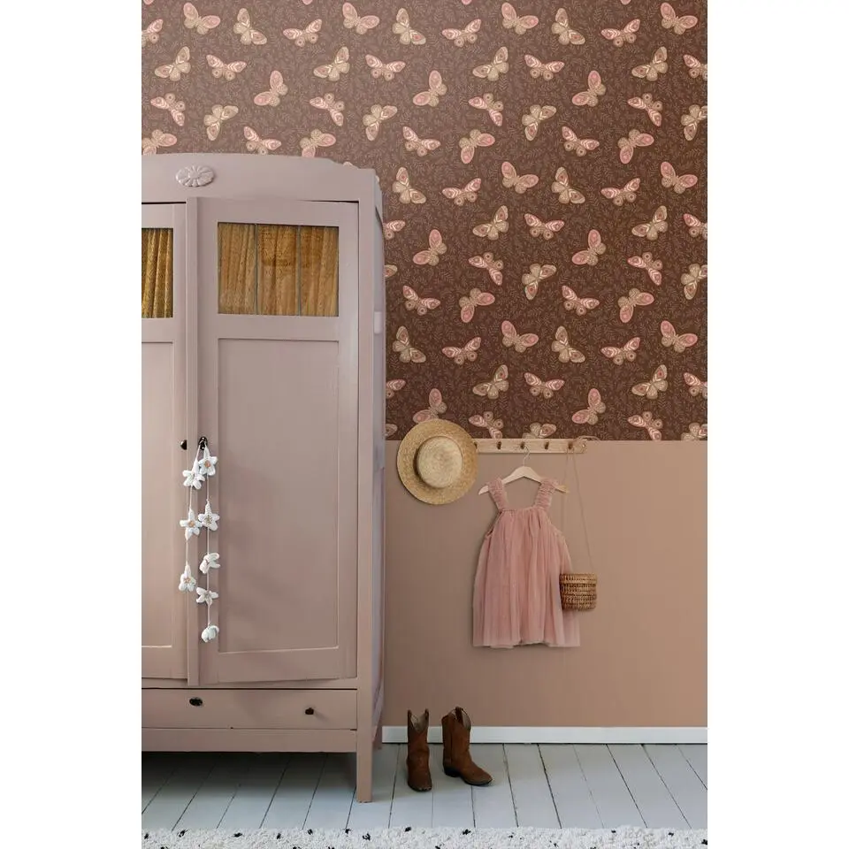 ESTAhome behang vlinders donkerbruin en roze - 50 x 900 cm