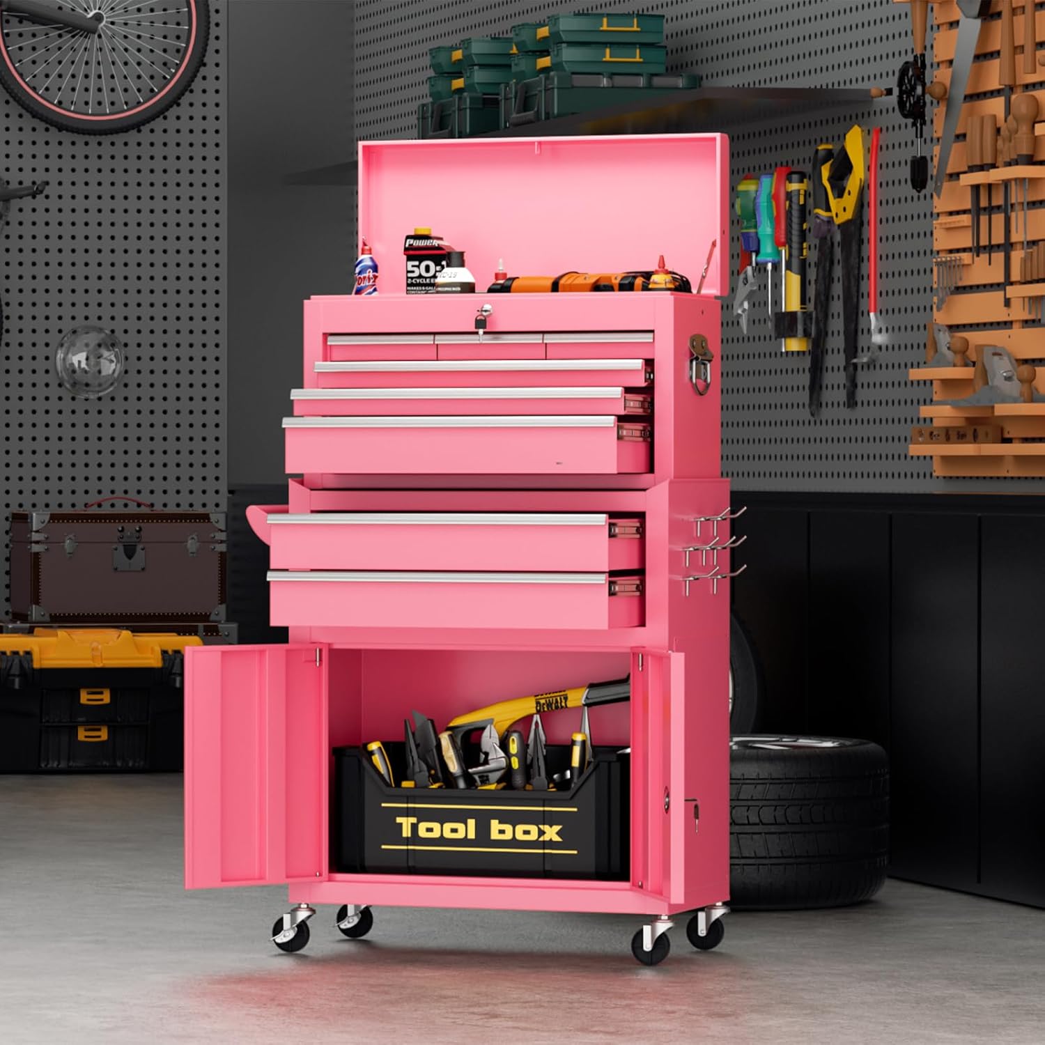 8-Drawer Heavy-Duty Tool Chest with Lock, Mobile Tool Cabinet Cart on Wheels, High-Capacity Mechanic Tool Storage Organizer for Garage Workshop