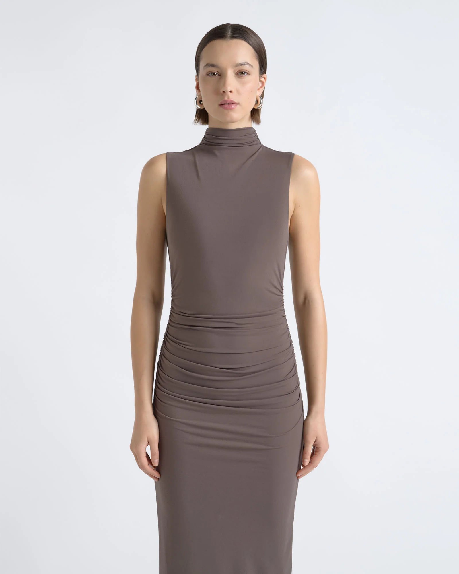 Ruched Mesh Midi Dress