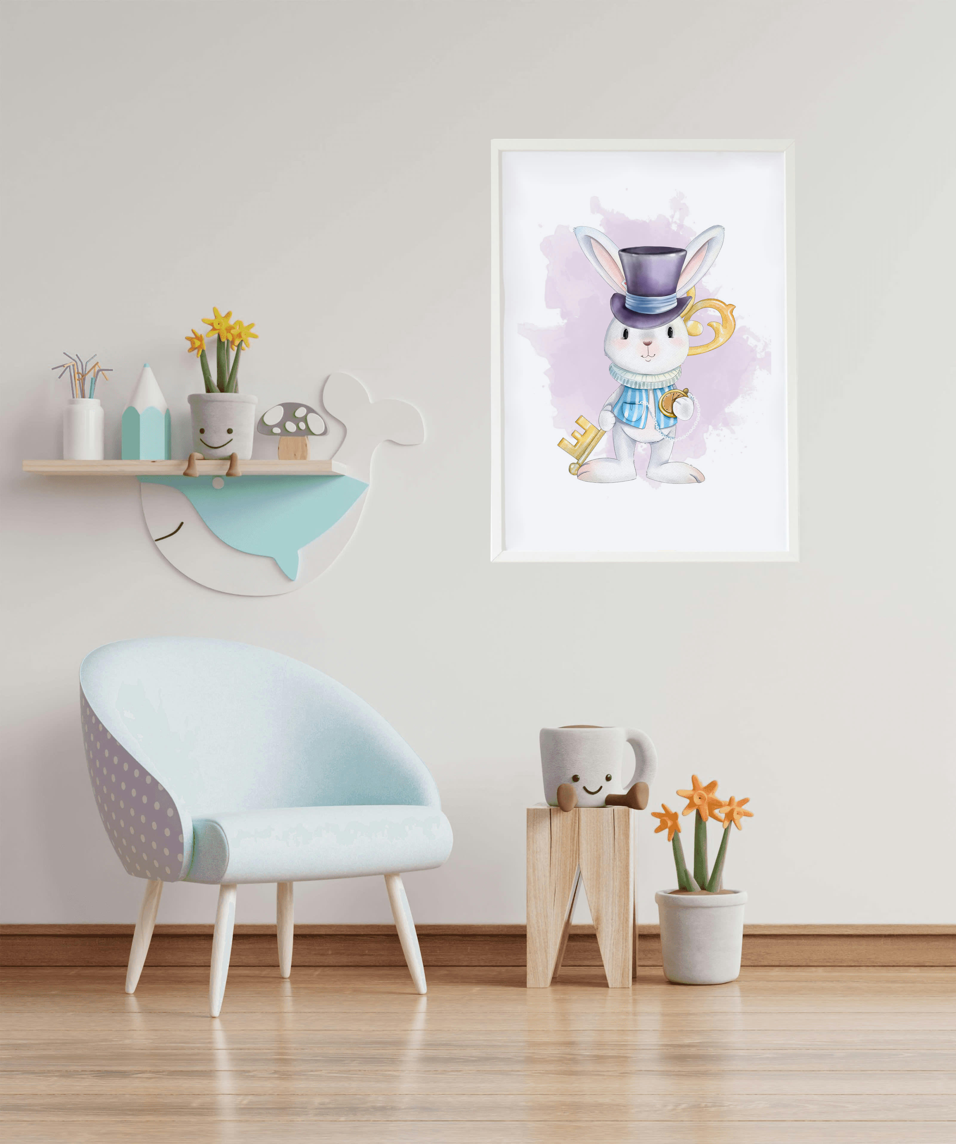 DECOWALL - Impression le lapin clé encadrée en bois blanc 43X33 cm