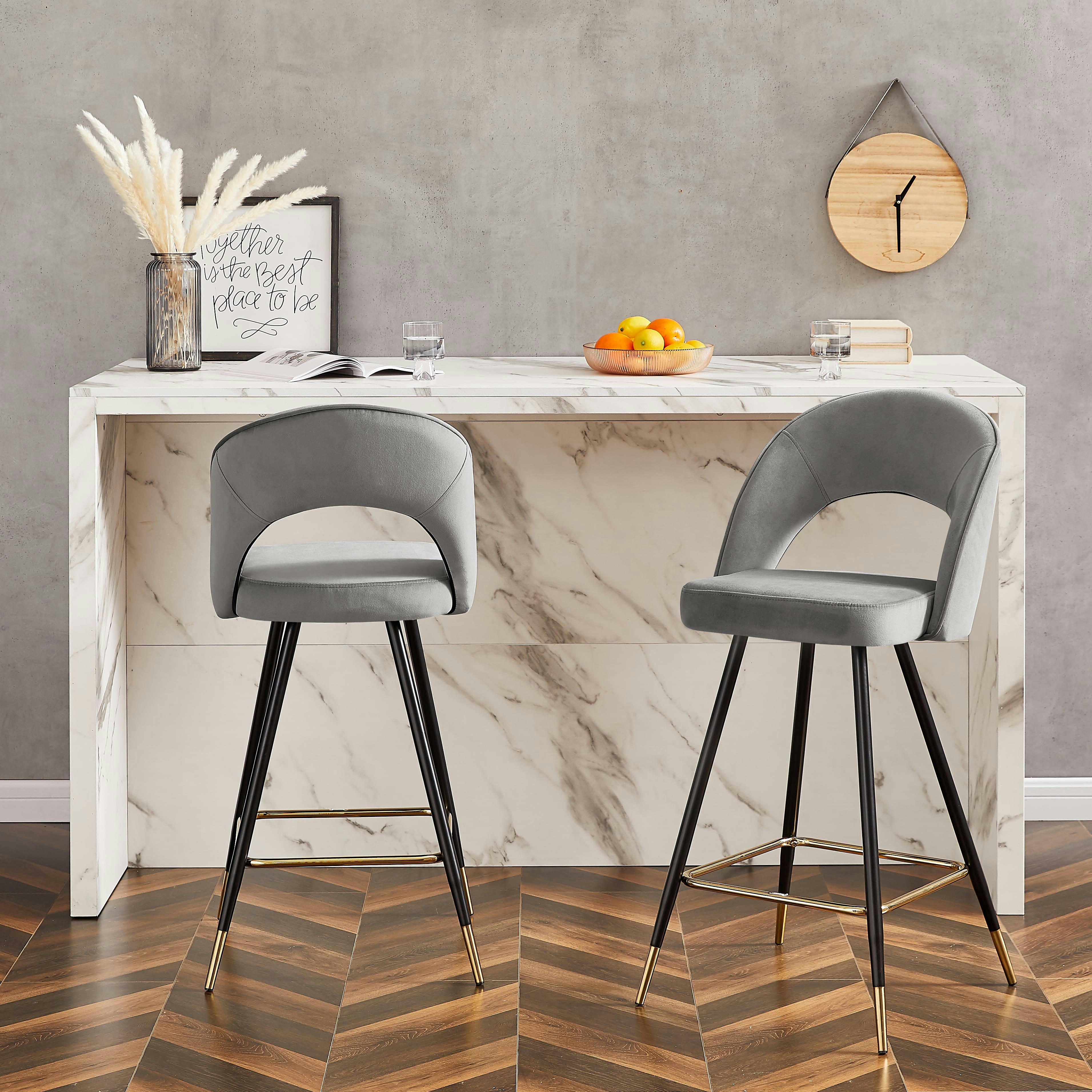 BASILE - Lot de 2 tabourets de bar en velours gris pieds noir et doré