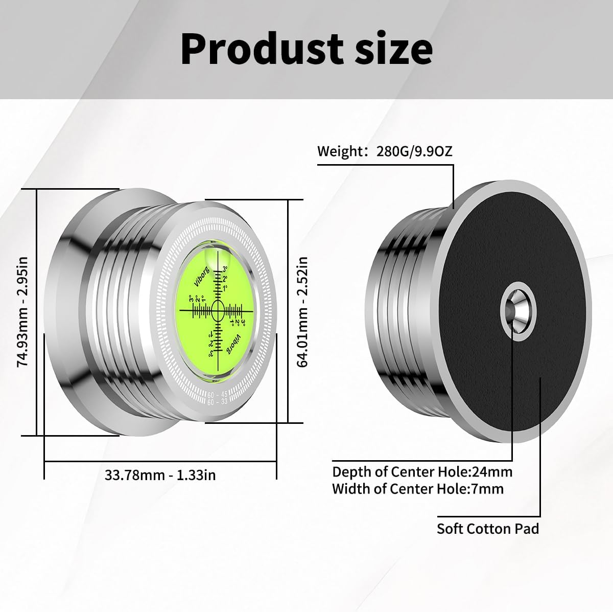 Viborg LP628S Record Weight Disc Stabilizer, Silver 60Hz Turntable Level, 280G (9.9 OZ) HiFi 3 in 1 Vibration-Proof Vinyl Clamp with Bubble Leveling (60Hz, Silver)
