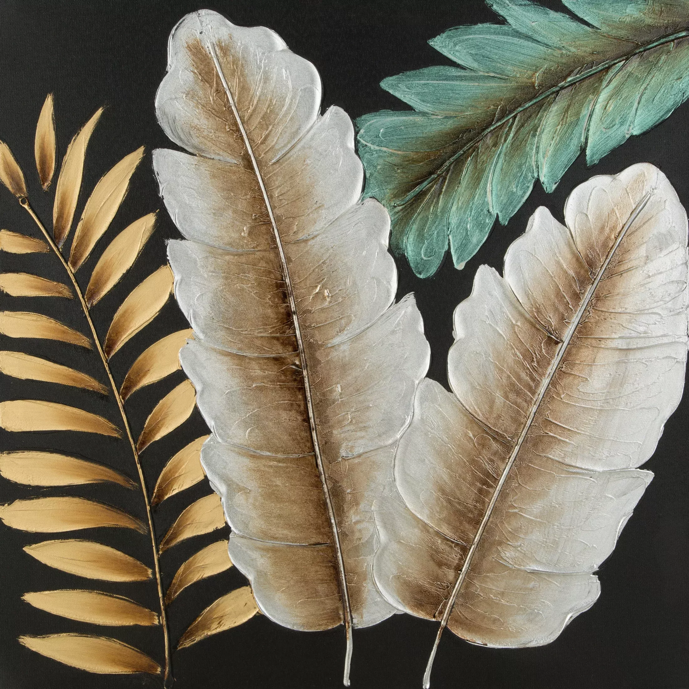 Obraz roślinny czarno, beżowy ręcznie malowane na płótnie liście 60x60 cm LEAVES 1