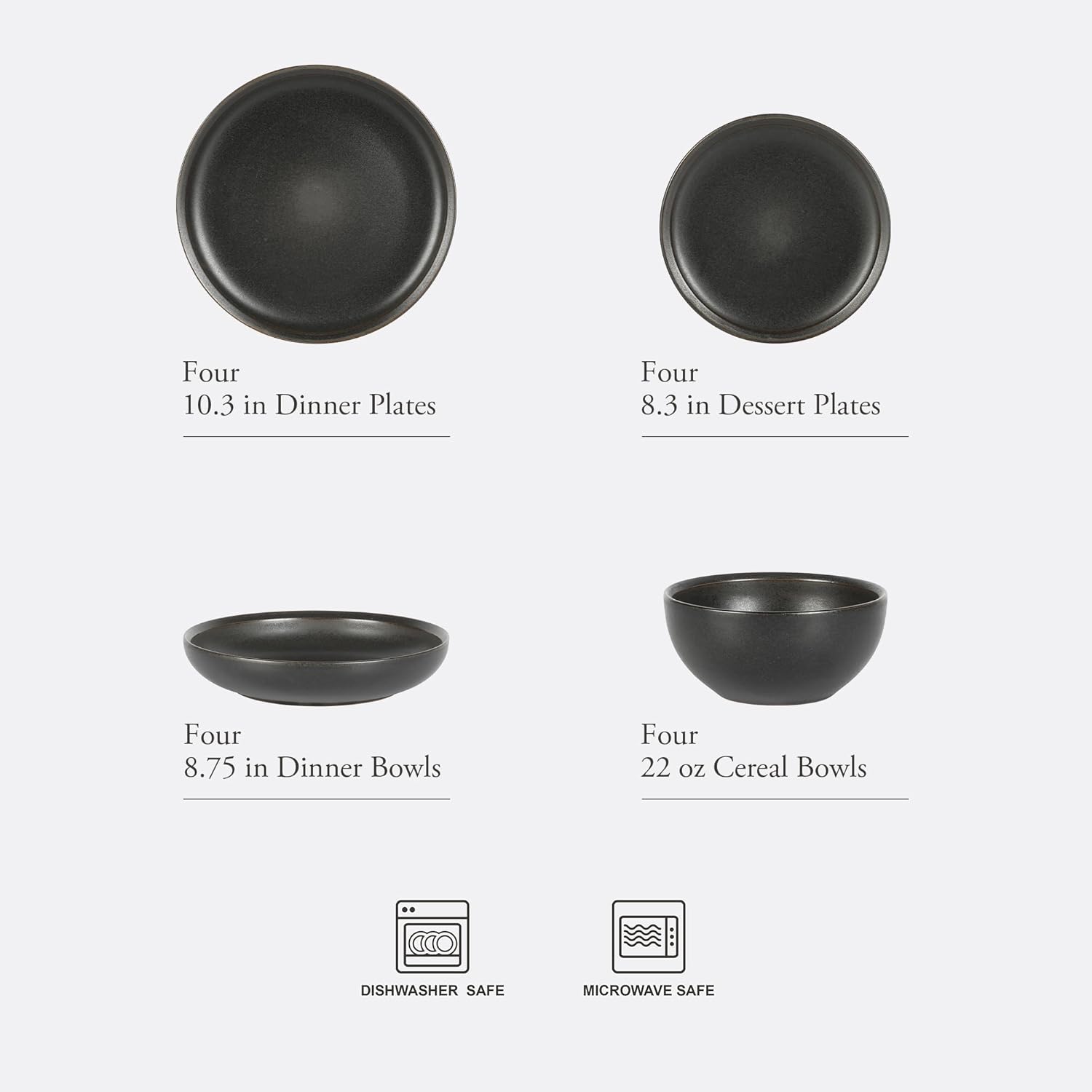 Gibson Elite Beckett Stoneware Matte Reactive Glaze 16 Piece (Service for 4) Plates and Bowls Dinnerware Set - Black