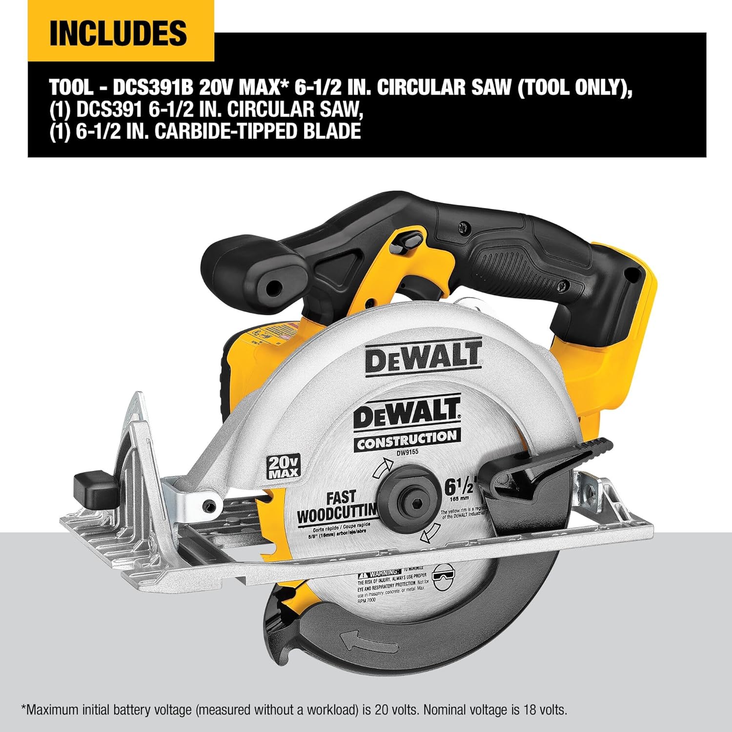 DEWALT 20V MAX Circular Saw, Cordless Sidewinder Style Portable, 6-1/2-Inch Blade, 5150 RPM, 0-50 Degree Bevel Capability, Battery Not Included (DCS391B)
