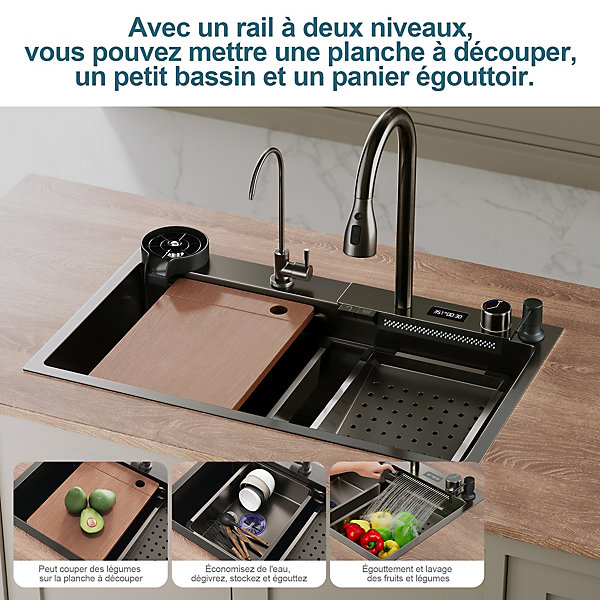 Evier en acier inoxydable SIRHONA 750x450x230mm Noir Kit d'évier multifonctionnel Bouton double Affichage de la température