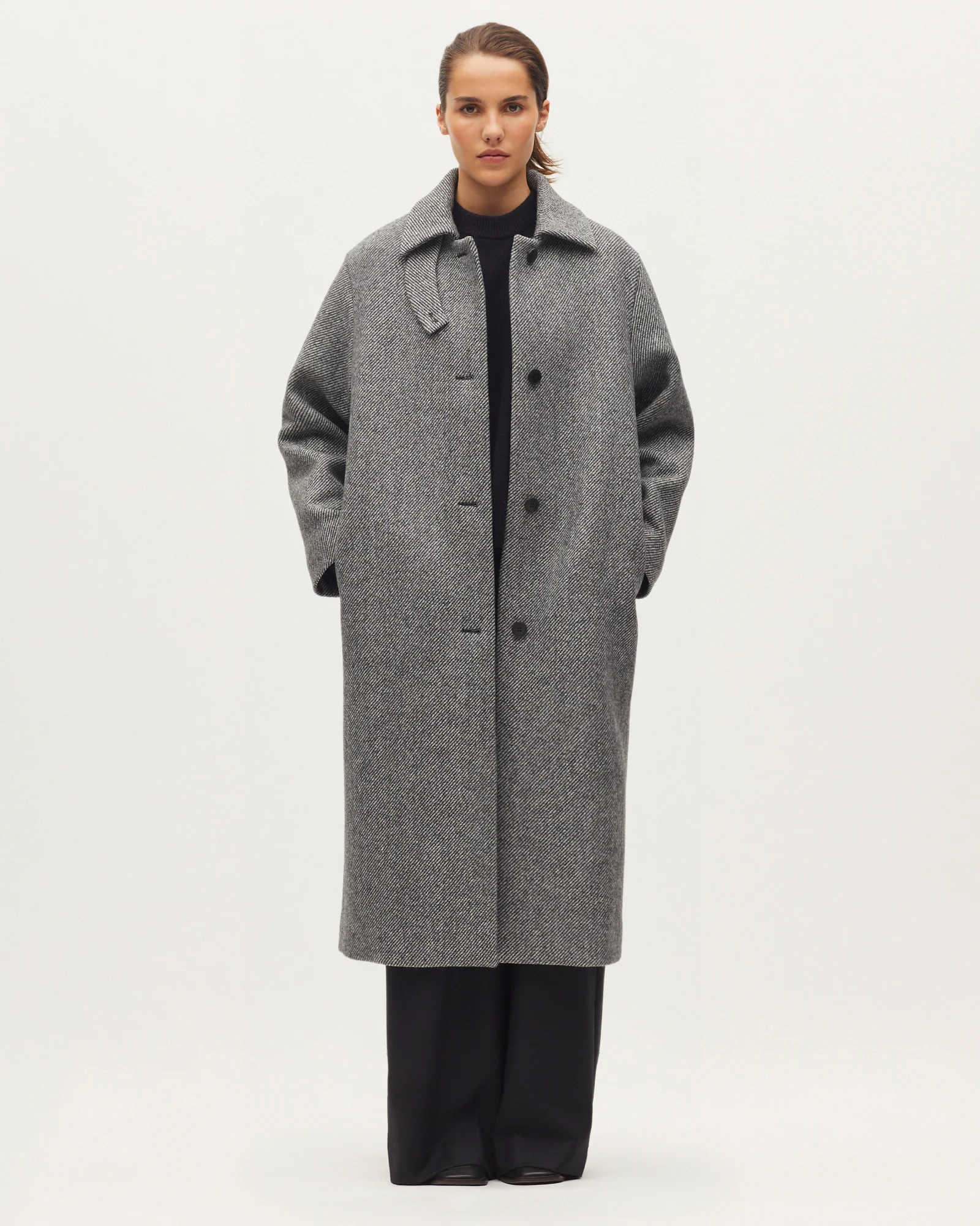 Manteau droit long en laine melangée