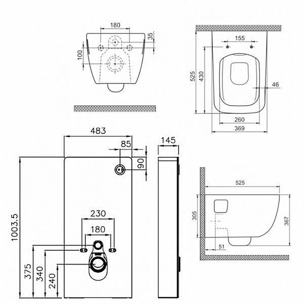 Pack WC suspendu mural en verre noir et cuvette carénée design sans bride AQUA