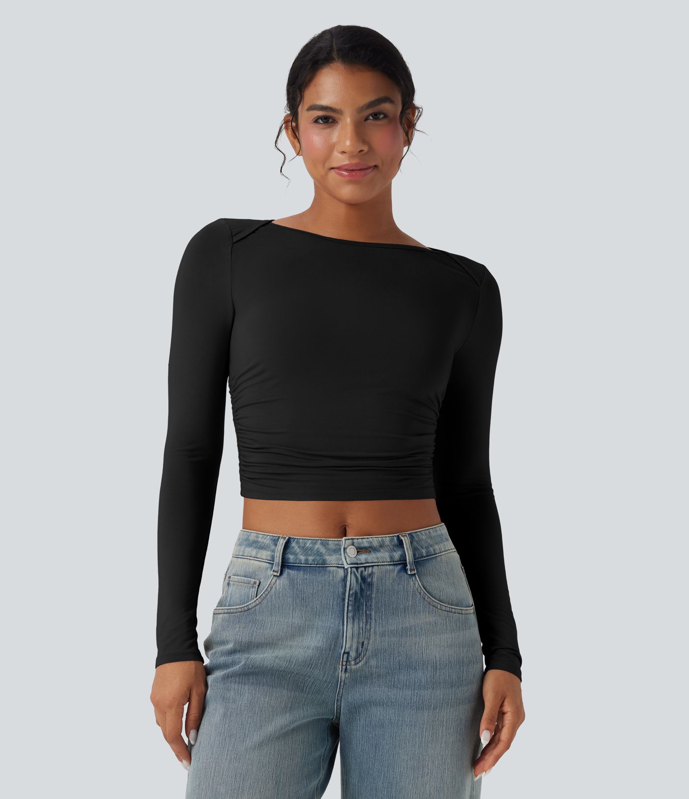 Haut casual crop col bateau manches longues froncé
