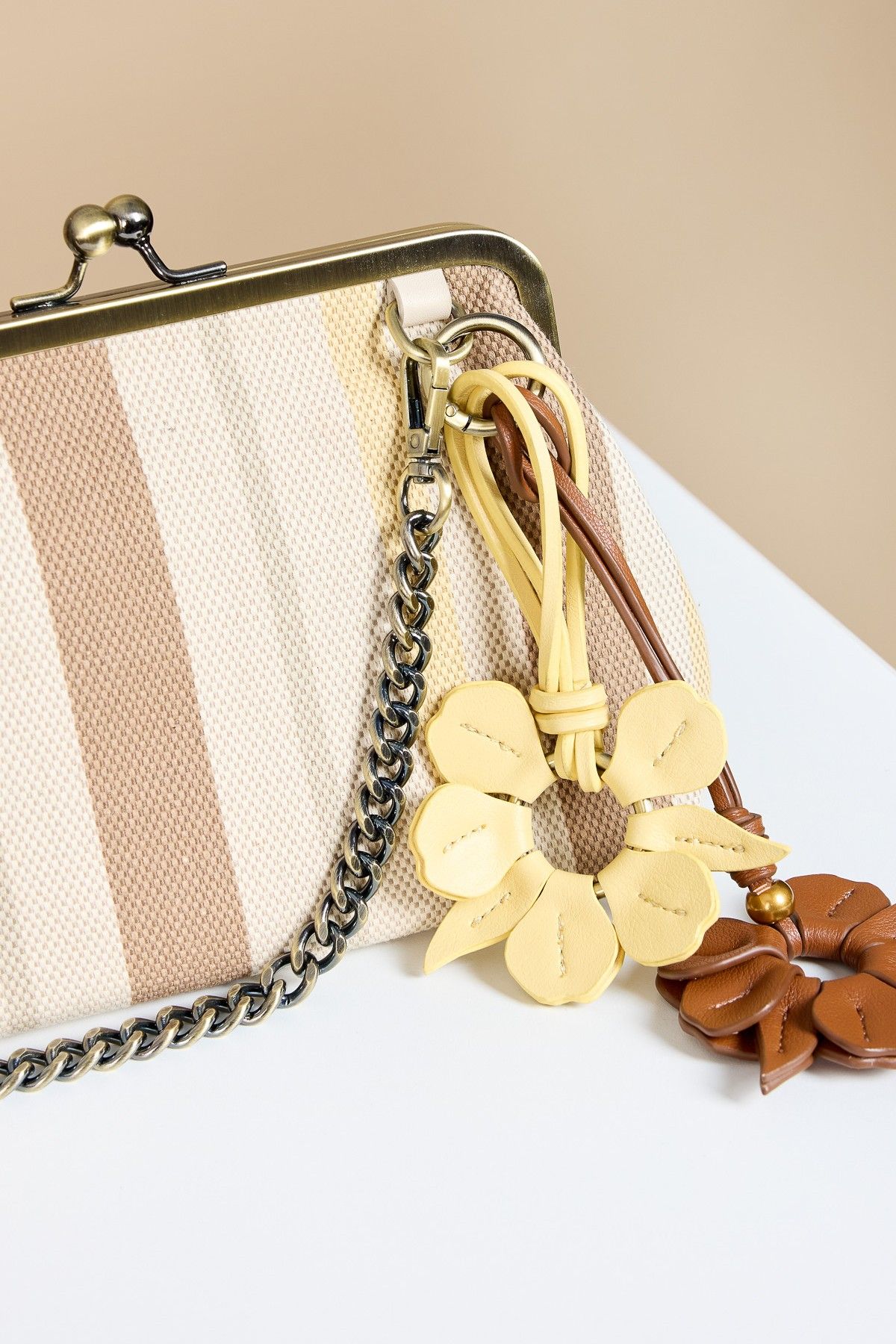 Little Mistress Mocha Lemon Stripe Metal Frame Shoulder Bag