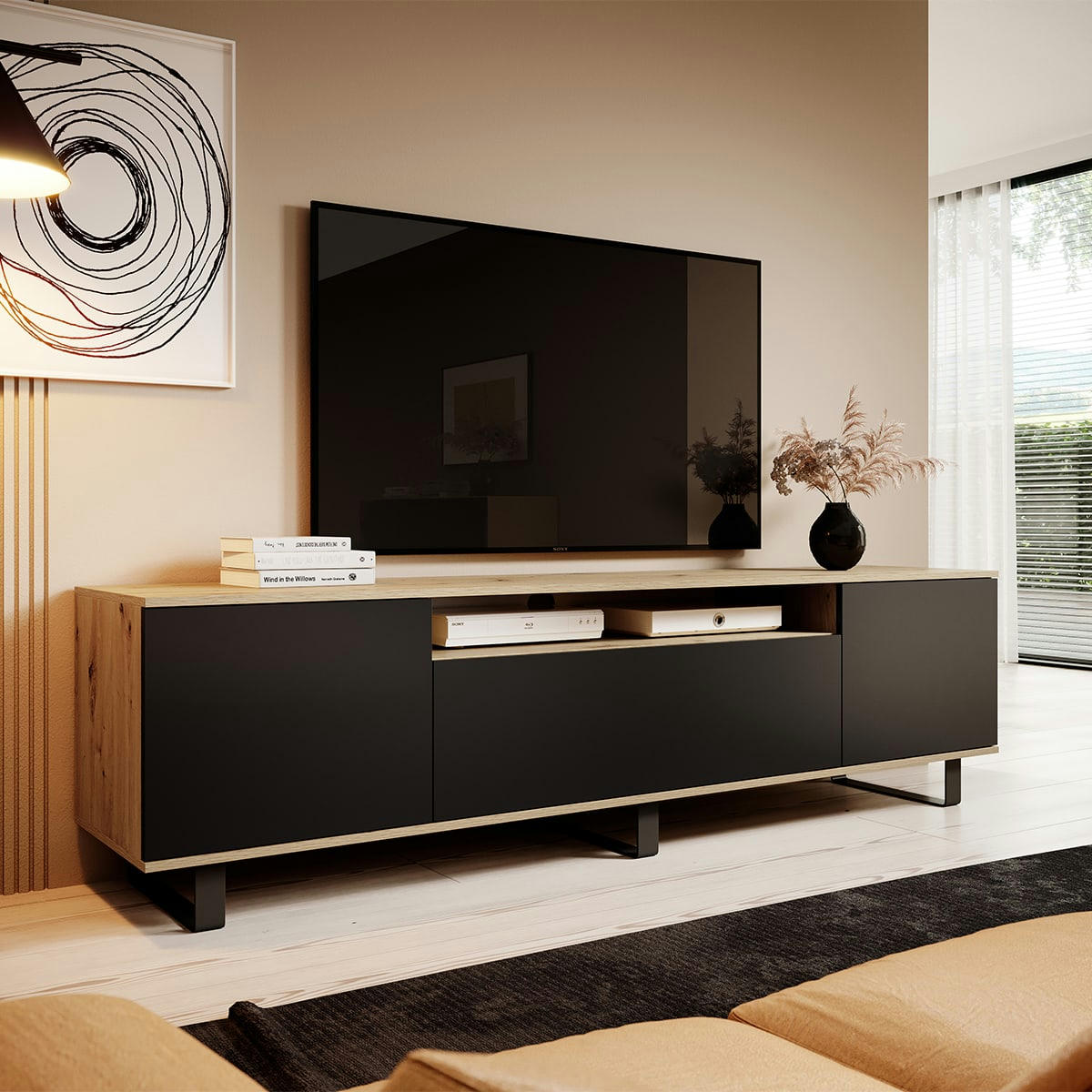 - Meuble TV 3 portes 180 cm stratifiés, métal naturel et noir