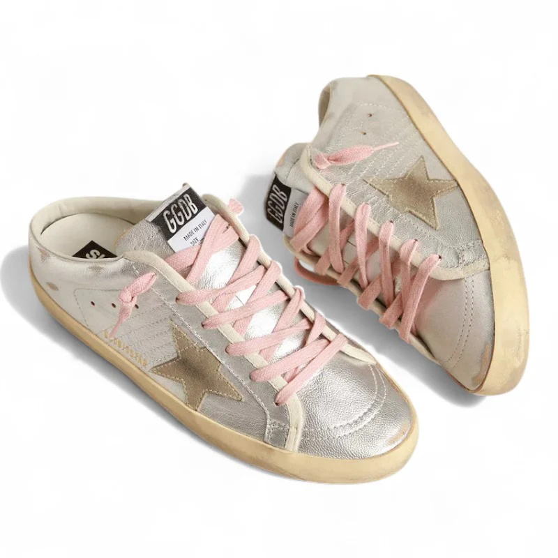 Super-Star Sabots in silver metallic leather with a suede star detail