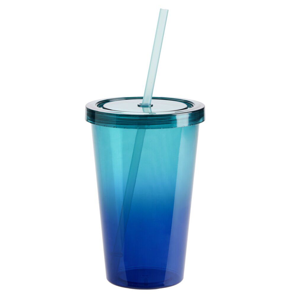 Gobelet plastique avec paille et couvercle dégradé bleu 550ml