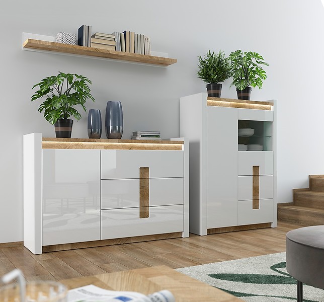 Komoda Alameda 147 cm z drzwiami i 3 szufladami dąb westminster/biały połysk