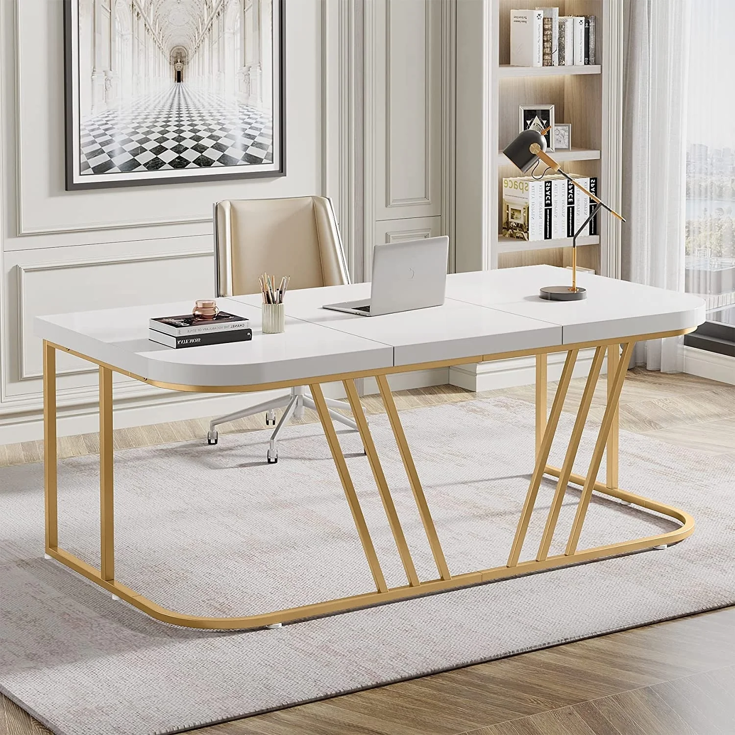 White Gold Executive Desk, Modern Office Desk, Large Computer Desk