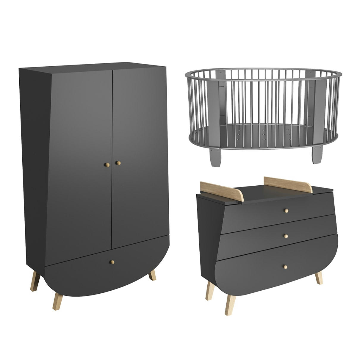 TRIO - COCON - Chambre bébé : Trio - lit bébé 60x120 commode armoire gris anthracite