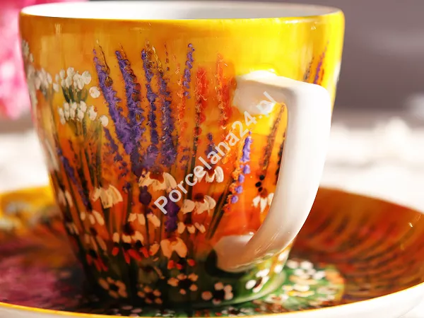 Filiżanka ze spodkiem 0,35 L / 17 cm ręcznie malowana - Łąka żółta (13) DA.FS35-13