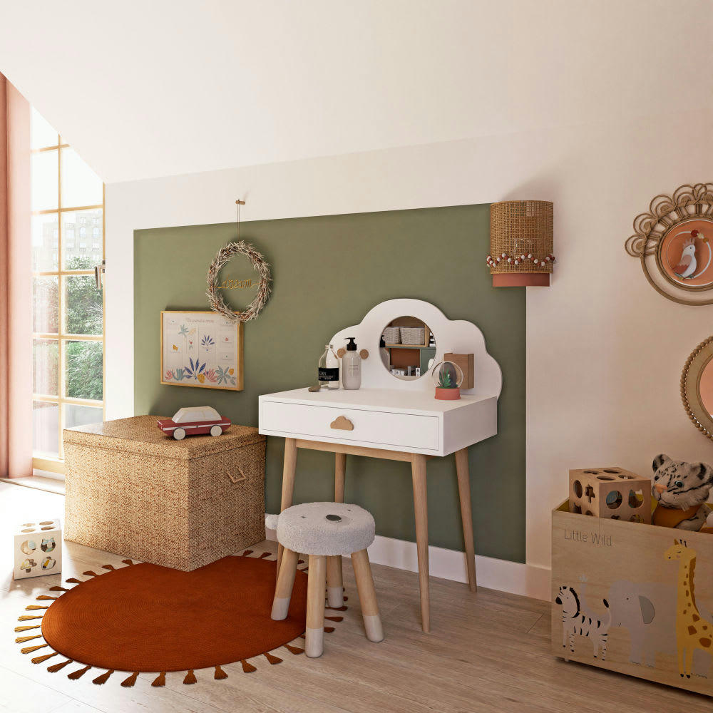 LOUNA - Applique en rotin et tissu rose décoré de pompons écrus et roses