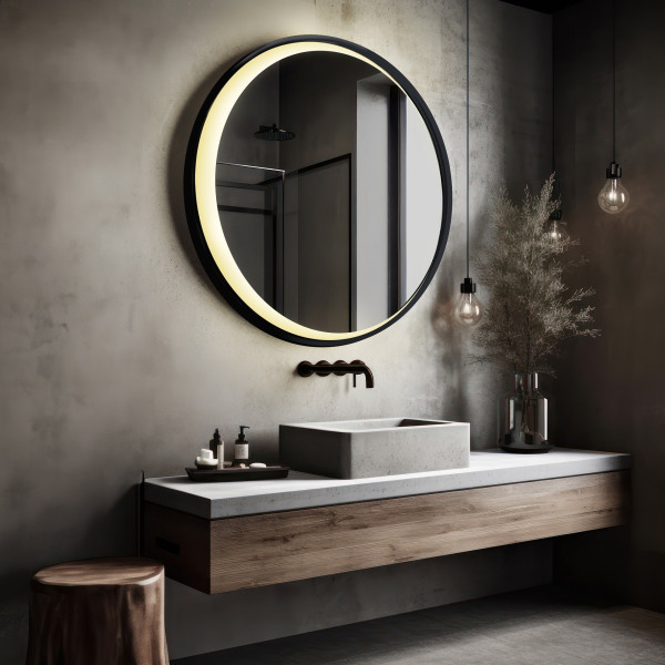 Lustro okrągłe w czarnej ramie mdf z piaskowanym księżycem led–MIDNIGHT LED