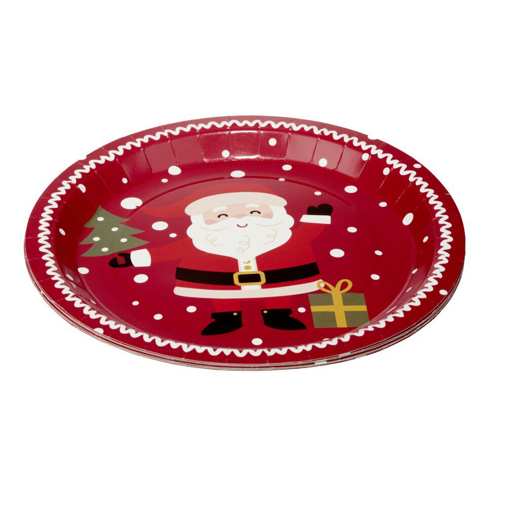 Assiette en carton X8 pcs imprimé Père No&euml;l Ø23XH1,5 cm rouge