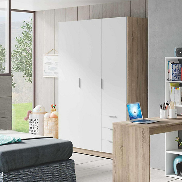 Armoire avec 3 portes et 3 tiroirs Coloris chêne et blanc - Dim : L 121 x H 180 x P 52 cm