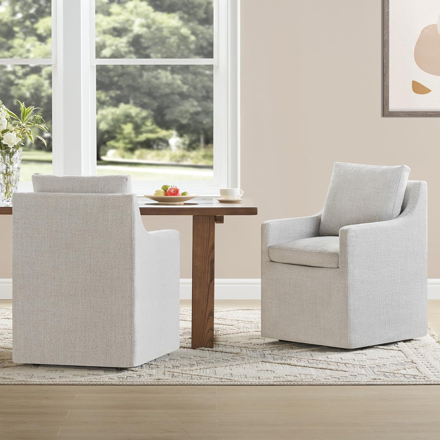 KISLOT Upholstered Dining Chairs Set of 2, Modern Dining Room Chairs with Casters & Washable Cover, Rolling Accent Chair with Comfy Backrest for Kitchen, Farmhouse, Living Room, Cream Beige, 2 Box