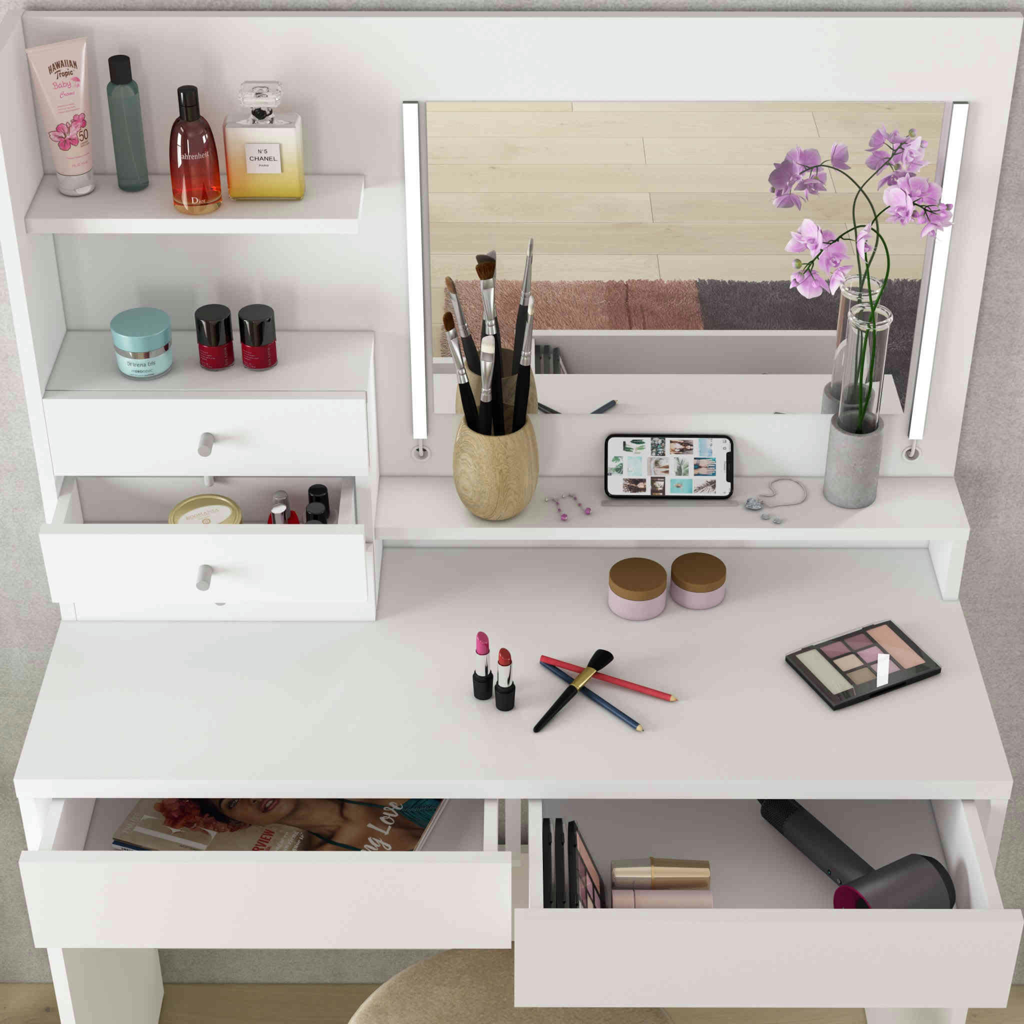- Coiffeuse 3 tiroirs avec miroir en bois blanc