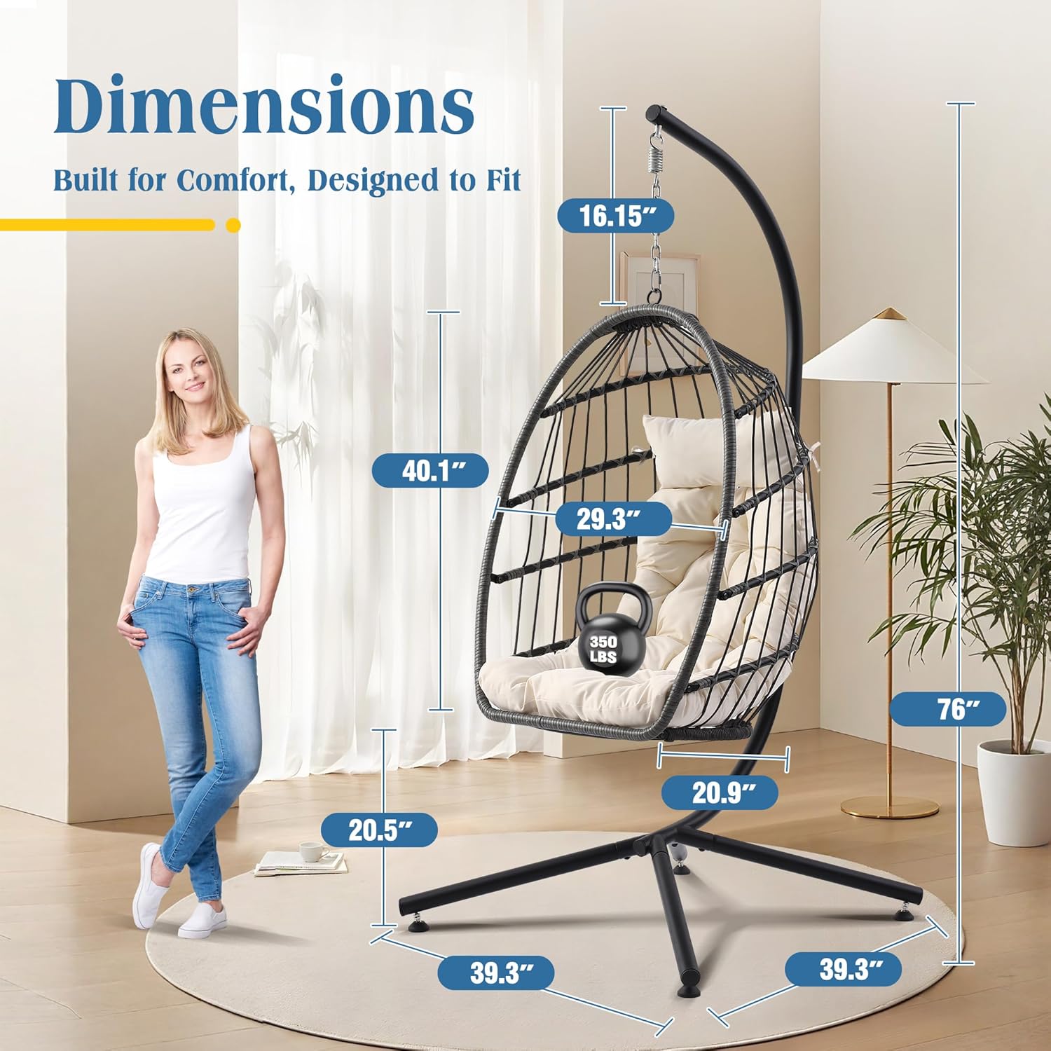 Hanging Egg Chair with Stand, Foldable Wicker Porch Swing Chair Outdoor Indoor, Heavy Duty Rattan Hammock Chairs with Cushion Headrest, Bedroom Balcony Patio Lounge Furniture, 350LBS (Beige)