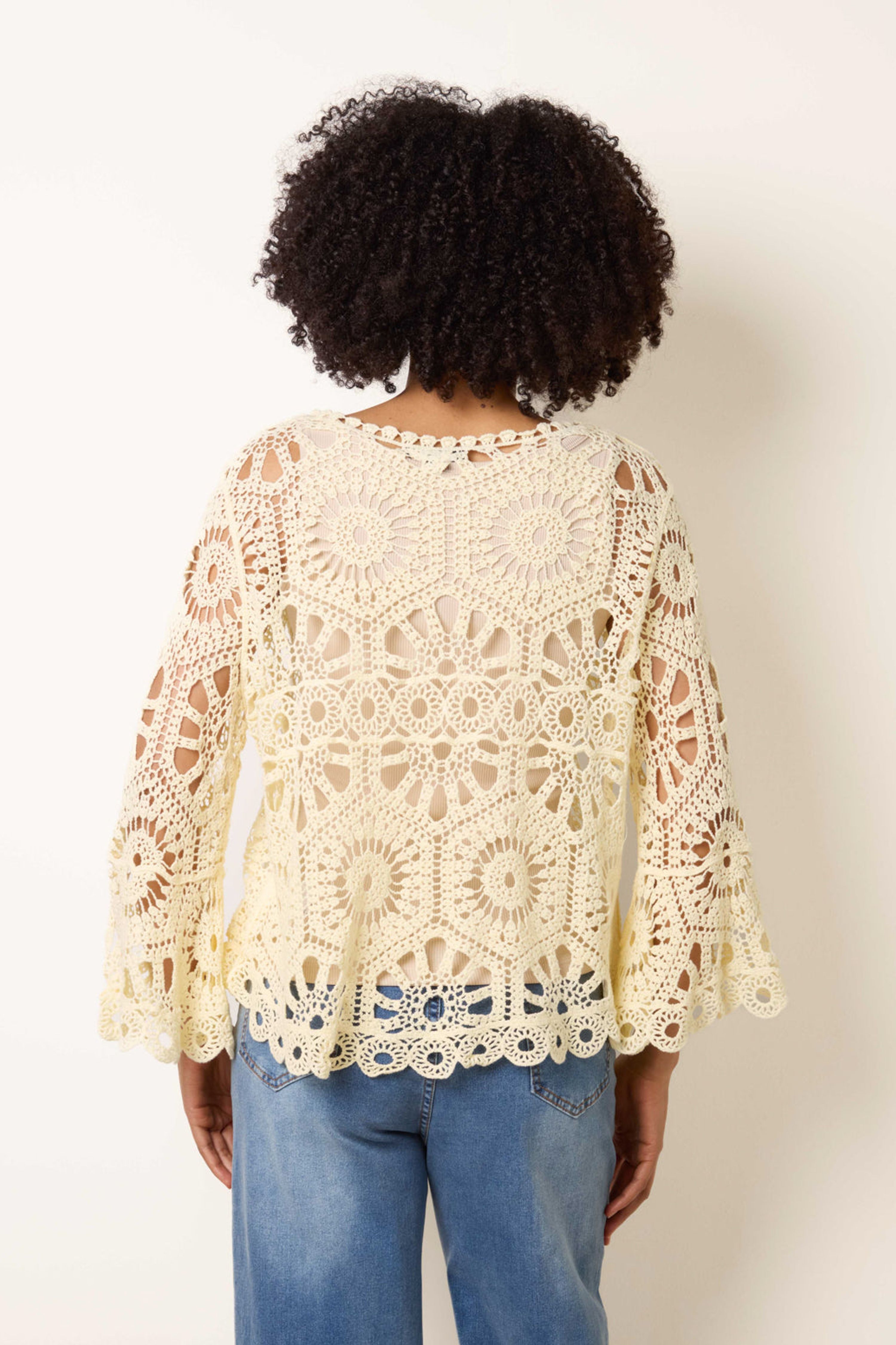 Blue Vanilla Lemon Crochet Top With Flared Sleeves