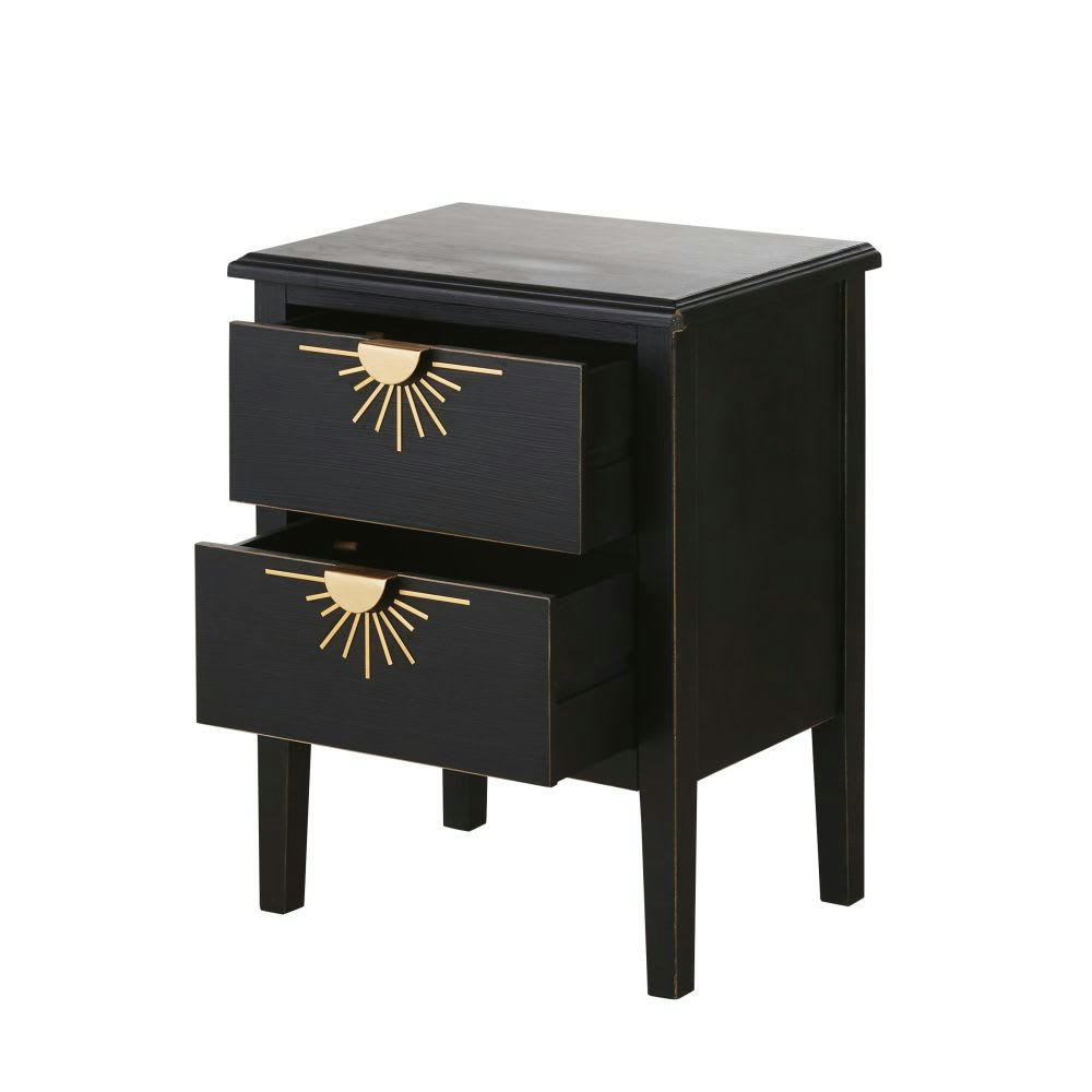 Ilios - Table de chevet 2 tiroirs noire et métal doré