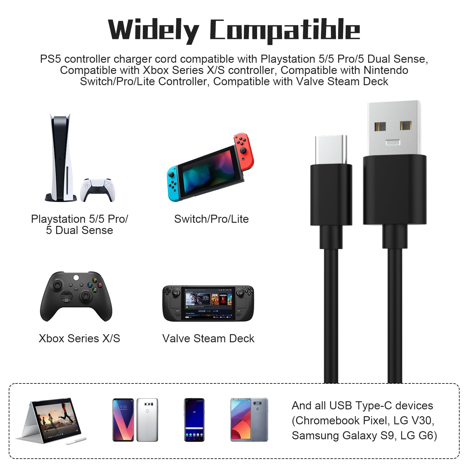 Zosvoses USB C Charging Cable Compatible with Xbox Series X/S, PS5, PS5 DualSense, Switch, Switch Pro, Switch Lite Controller, Steam Deck, 6.6ft